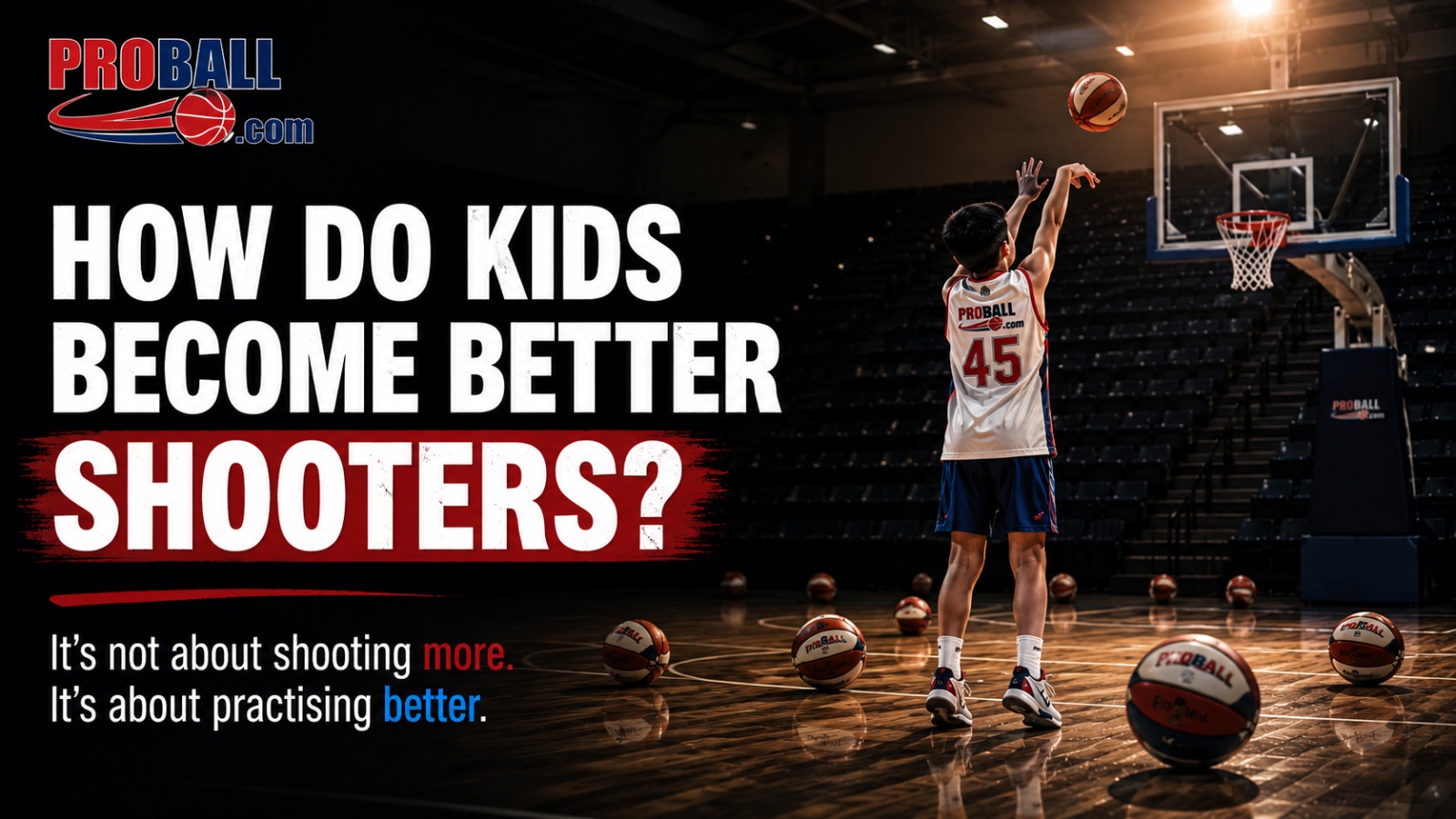 A young ProBall basketball player practises jump shots alone after training inside an indoor stadium. The image represents the importance of repetition, confidence and purposeful practice in helping young athletes become better shooters.